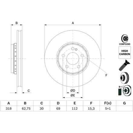 Remschijf BOSCH 0 986 479 G34 voorkant, geventileerd, sterk gecarboniseerd, 1 Stuk
