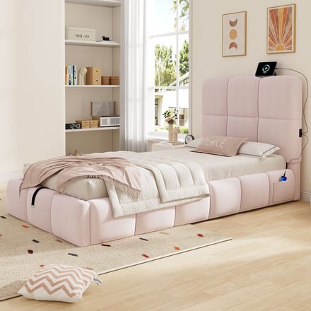 MIVRAY Kinderbed 90x200 Cm - Gestoffeerd Bed Met Usb C Aansluiting En Opbergruimte - Zonder Matras - Fluweel - Roze