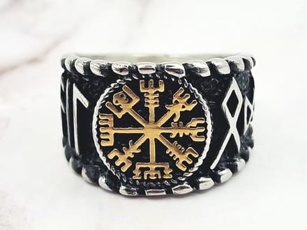 Mei's - Viking Nordic Shield - ring heren - Vegvisir - RVS zilver/goud - ringmaat 56 mm