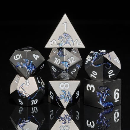 Omgoods - Metalen Dobbelstenen Set - Glitter Blauwe Draak 7-delig