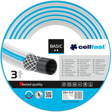 Cellfast BASIC tuinslang, Flexibel, 3-lagig, versterkt met garen van topkwaliteit, UV-bestendig, 3/4", 30m, 10-421