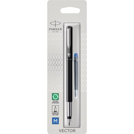 Parker Vector-vulpen | zwart met chrome afwerking | mediumpunt | blauwe inkt | hangtab