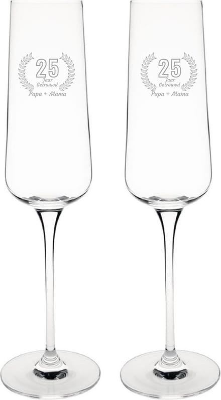 Gegraveerde set champagneglazen 27cl Papa + Mama 25 jaar getrouwd