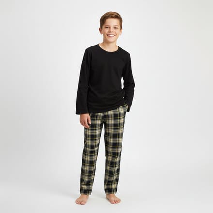 La-V pyjama sets voor jongens met geruite flanel broek - Zwart 152-158