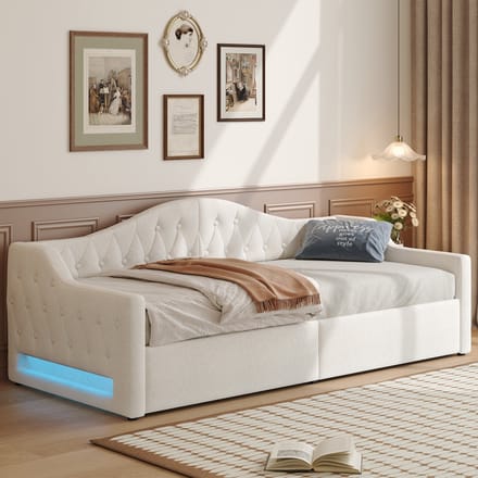 MODFU Ledikant 90x200 cm – linnen beige – met LED en opbergruimte – dagbed design