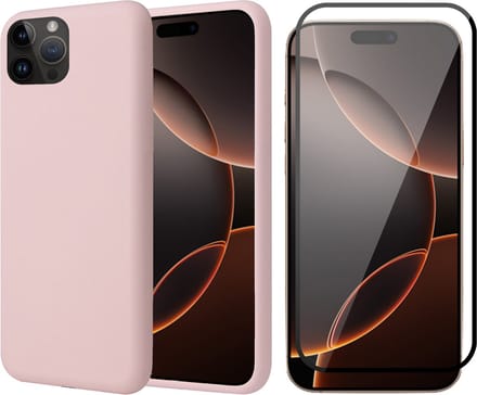 Hoesje geschikt voor iPhone 16 Pro Max - Screenprotector Volledig Dekkend Glas - Matte Case Roze met Fluweelzachte Binnenzijde