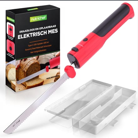 NutriChef Elektrische Mes - In/uit Veiligheidsfunctie -Lichtgewicht met Geprofileerd Handvat - Rood