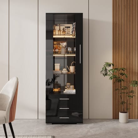 MODFU - Vitrinekast - LED-Verlichting En 3 Laden - Modern - MDF - Zwart - 60 X 35 X 180 Cm