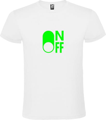 Wit T-Shirt met “ On/Off Button OFF “ afbeelding Neon Groen Size M