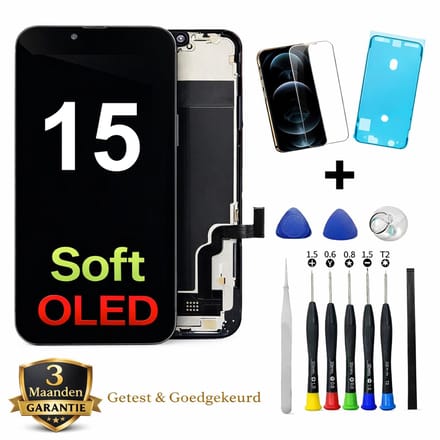 iPhone 15 OLED Scherm Vervanging – Premium Soft OLED Display – Inclusief Complete Reparatieset, Gereedschap, Screenprotector en Plakstrip