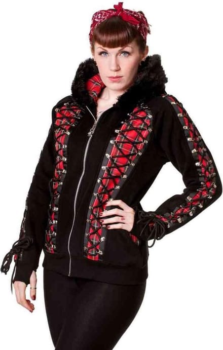 Banned - Tartan Corset Vest met capuchon - L - Zwart/Rood