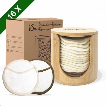 16 Herbruikbare Wattenschijfjes + Bamboe Houder - 12x Dagelijks 4x Scrub 4 laags - Wasbare Wattenschijfjes Makeup Pads Zero Waste