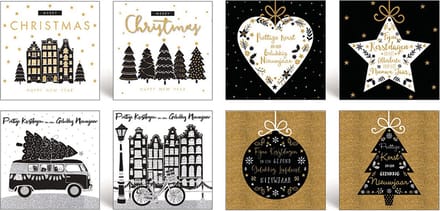 100 Luxe dubbele Kerstkaarten - Folie - 8 motieven - Witte envelop - 10 x 10 cm