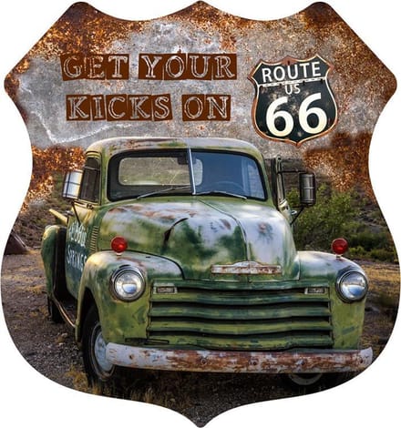 Signs-USA Shield Green Car - Kicks on route 66 - Wandbord - 56 x 60 cm