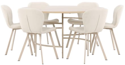 Copenhagen eethoek tafel Ø140cm en 6 stoelen whitewash, beige.