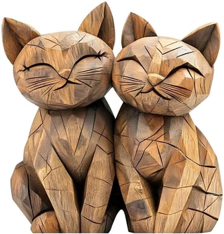 Dailygoods- Houten Sculptuur 2D - Kattenpaar - Bureaudecoratie