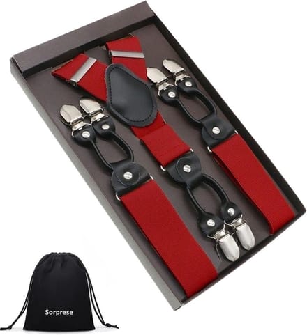 Luxe chique – heren bretels – rood effen - 6 extra stevige clips – zwart leer