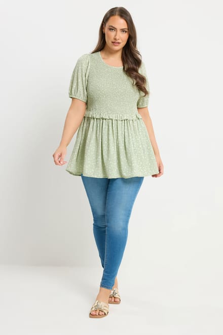 Yours Groene Top Met Kleine Bloemenprint En Plooitjes Size 42