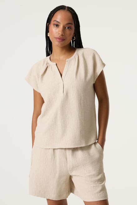 GARCIA Dames Effen Blouse Bruin Korte mouw