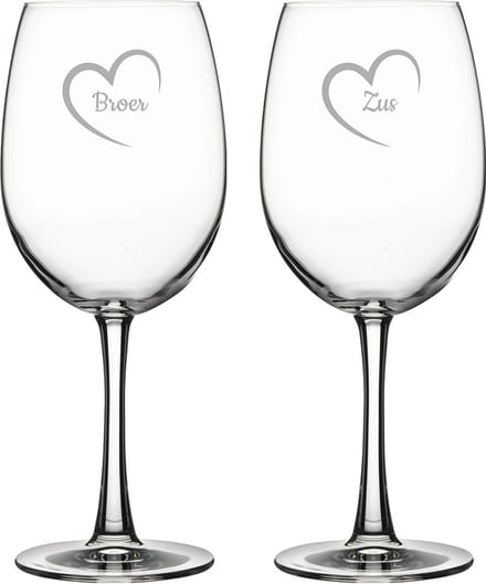 Gegraveerde Rode wijnglas 58cl Broer met hartje & Zus met hartje