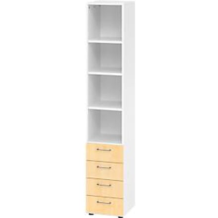 Combinatiekast Breno, met 4 laden & schapelement, 6 OH, B 400 x D 420 x H 2156 mm, spaanplaat, wit/maple