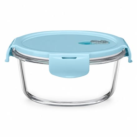 Broodtrommel van borosilicaatglas, rond, 950 ml, met blauw deksel, Ø 190 × 75 mm