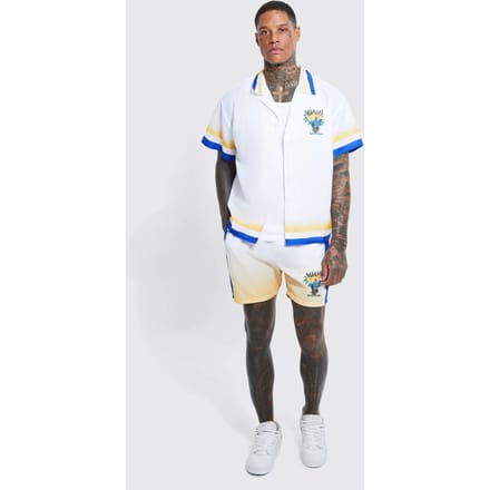 Regular Fit Miami Border Shirt And Short Set | White | Size Medium