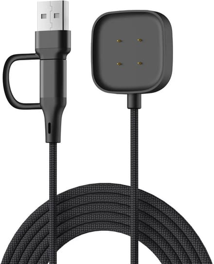 Strap-it 2-in-1 gevlochten oplader geschikt voor Fitbit Versa 3 / Versa 4 / Sense / Sense 2 - USB-A & USB-C aansluiting - Zwart