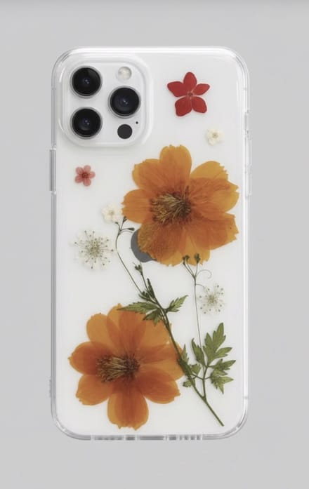 iPhone hoesje 17 pro Max met echte gedroogde oranje bloemen