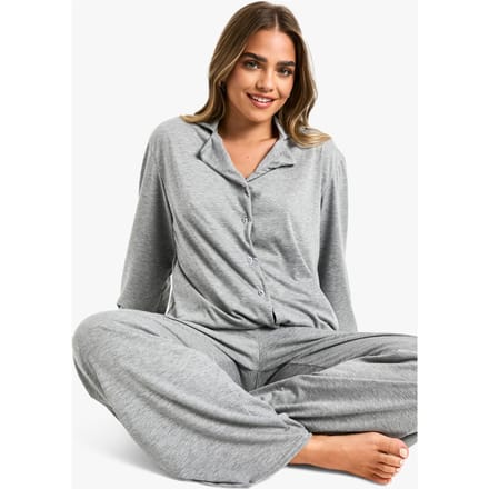 boohoo Dames Petite Langarm Shirt & Broek Pyjama Set | Grey | Maat: 10