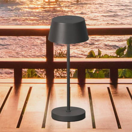 FH Lighting LED-batterij-tafellamp Sienna Pro, zandgrijs, 24 cm, metaal IP54