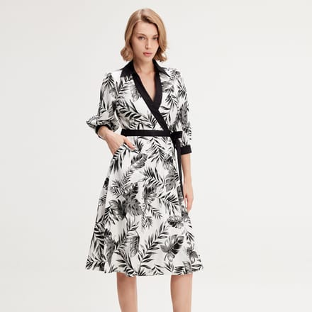 Bi-material wrap jurk met tropische print