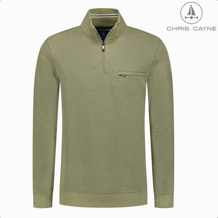 CHRIS CAYNE heren sweatshirt - M - gemeleerd - lichtgroen - korte rits - schipperskraag - borstzak