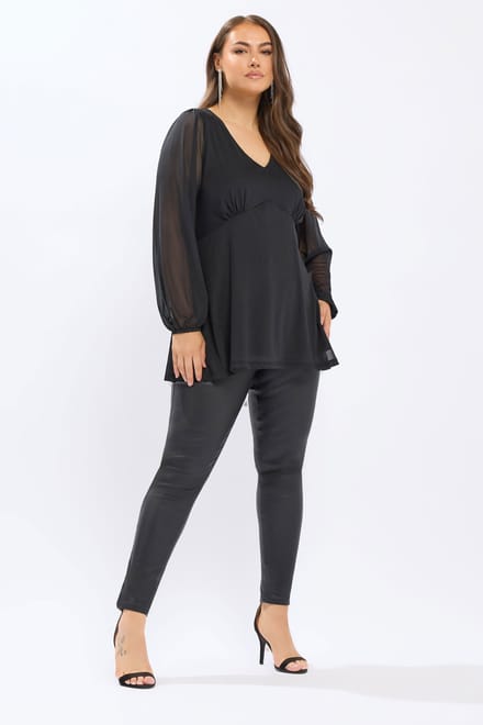 Yours Zwarte Mesh Top Met Ballonmouwen Size 48