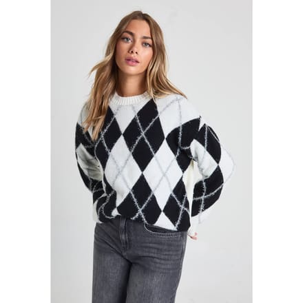 boohoo Dames Glitter Argyle-print oversized trui | Mono | Maat: Small