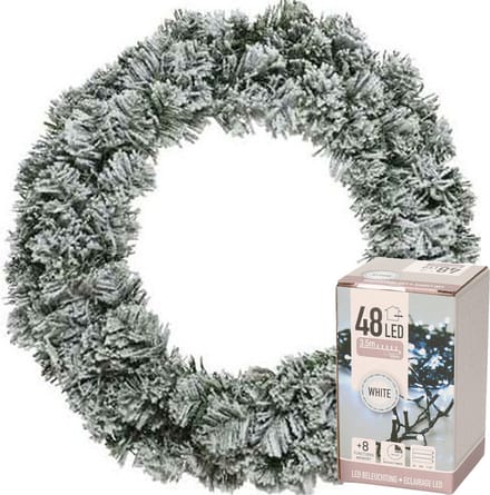 Decoris Kerstkrans - groen met sneeuw - D40 cm - incl. verlichting helder wit