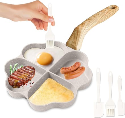 JGS ® Creatieve Hartvormige Eierpan met Vier Holtes en Houten Handvat voor Diverse Kookopties