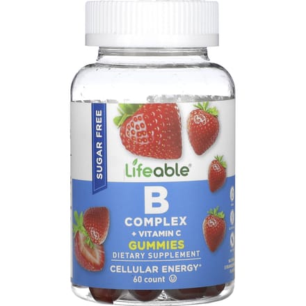 Lifeable, gommes au complexe B + vitamine C, sans sucre, arôme naturel de fraise, 60 gommes