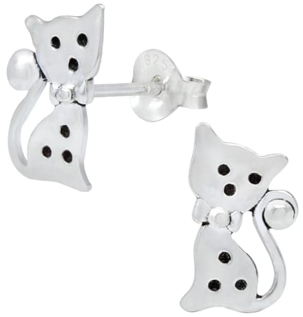 Joy|S - Zilveren kat poes oorbellen - 7 x 12 mm - geoxideerd