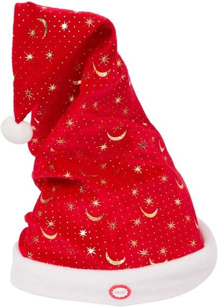 Kerstmuts 32 cm – Met Kerstmuziek & Bewegende Punt – Gouden Sterren