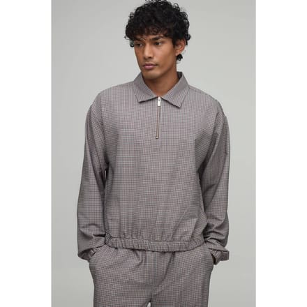 Oversized Geruit Technisch Stretch Harrington Overshirt | Ecru | Size Small