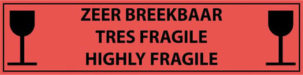 Zeer breekbaar 3-talig sticker, oranje zwart 200 x 50 mm