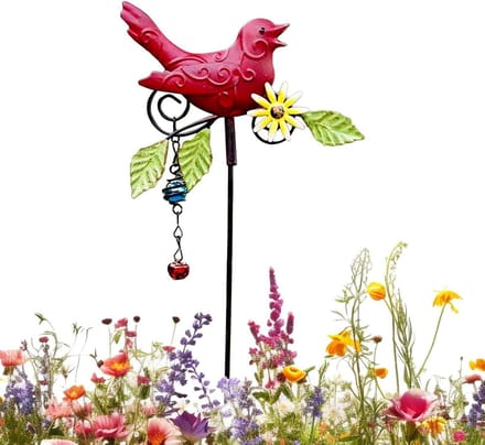 Tuinstaken Vogel - Tuindecoratie Paal - Bloembed Verfraaiing - Stevige Metalen Constructie - 24 x 14 cm - Rood