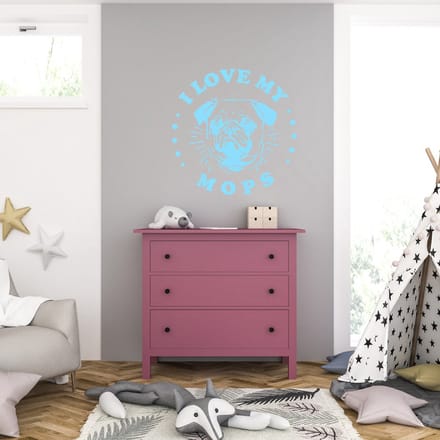 Muursticker - I Love My Mops - 46,4 x 46,4 - Licht Blauw