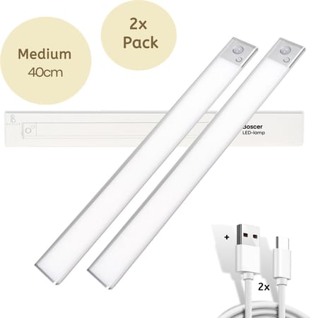 Boscer Led Lamp - 40 CM - 2-Pack - Bewegingssensor - Lichtsensor - Magnetisch - USB-C Oplaadbaar - Trapverlichting - Keukenlamp - Nachtlamp - LED Strip