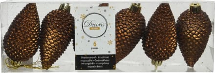 Decoris Kersthangers dennenappels - 6x - kaneel bruin - glitter - 8 cm - kunststof - kerstversiering