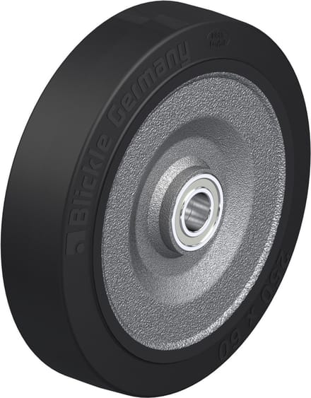 Wiel van 250 mm met zwart elastisch rubber op een gelaste stalen kern