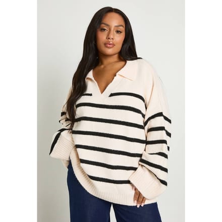 boohoo Dames Plus Soft Knoopkraag Gestreepte Trui | Ecru | Maat: 52