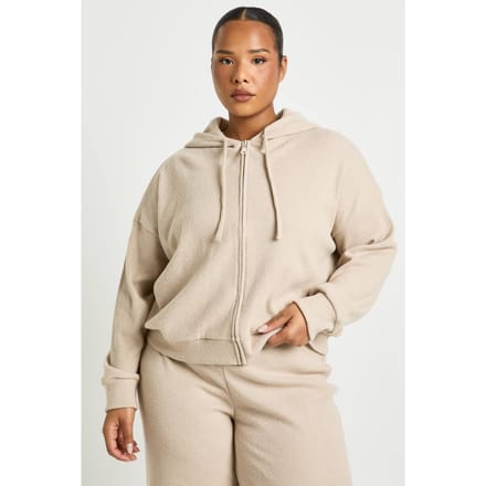 boohoo Dames Plus Gebreide Rib Hoodie met Ritssluiting | Steen | Maat: 44