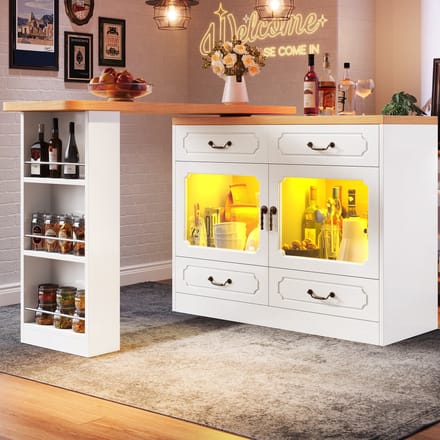 PHOEBE CAT Uitschuifbare bartafel - LED-verlichting - 360° draaibaar - 4 lades - Keukeneiland - Wit